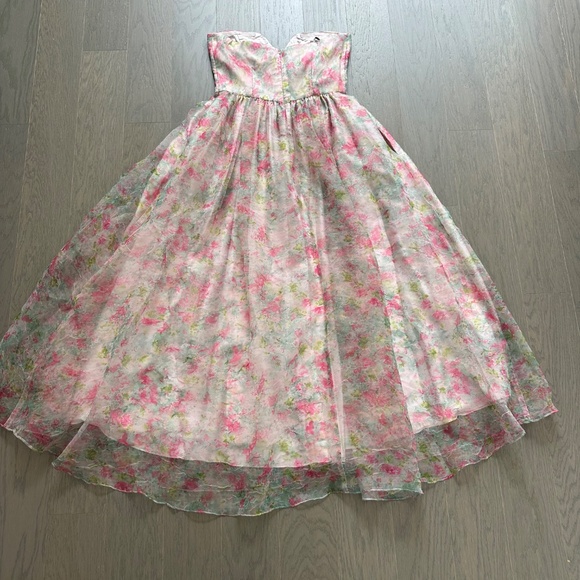 ML Monique Lhuillier Floral Organza Strapless Pink Midi Dress Sweetheart Size 8 - Picture 3 of 11